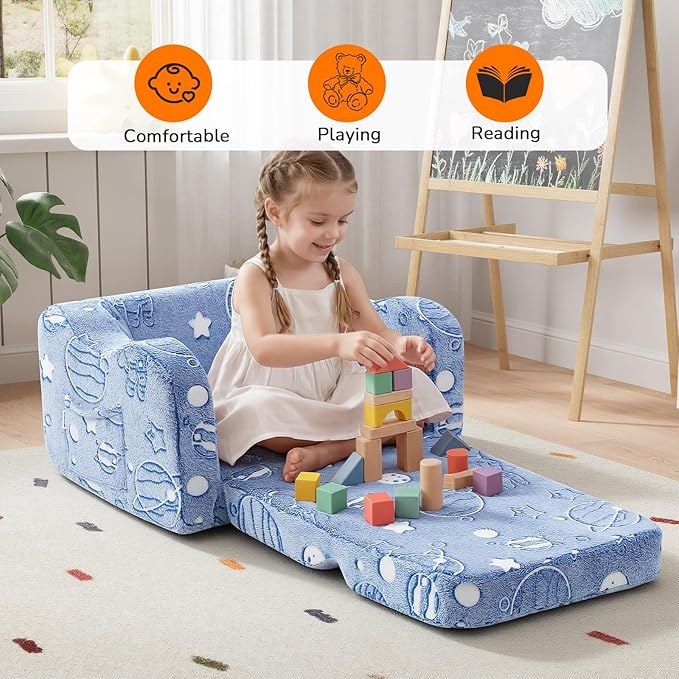 MeMoreCool Glowing Astronaut Planet Kids Chair, 2-in-1 Glow-in-the-Dark Space