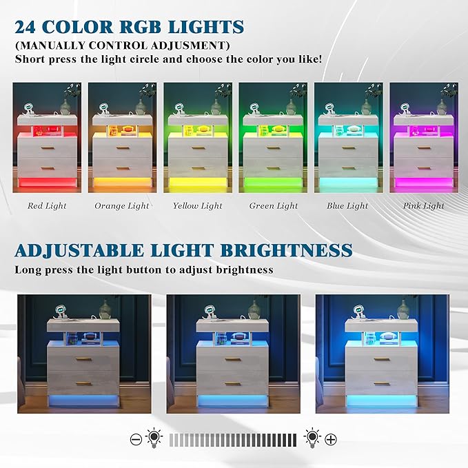 WOOVIVS Night Stand with Light, High Gloss Nightstand with USB/Wireless
