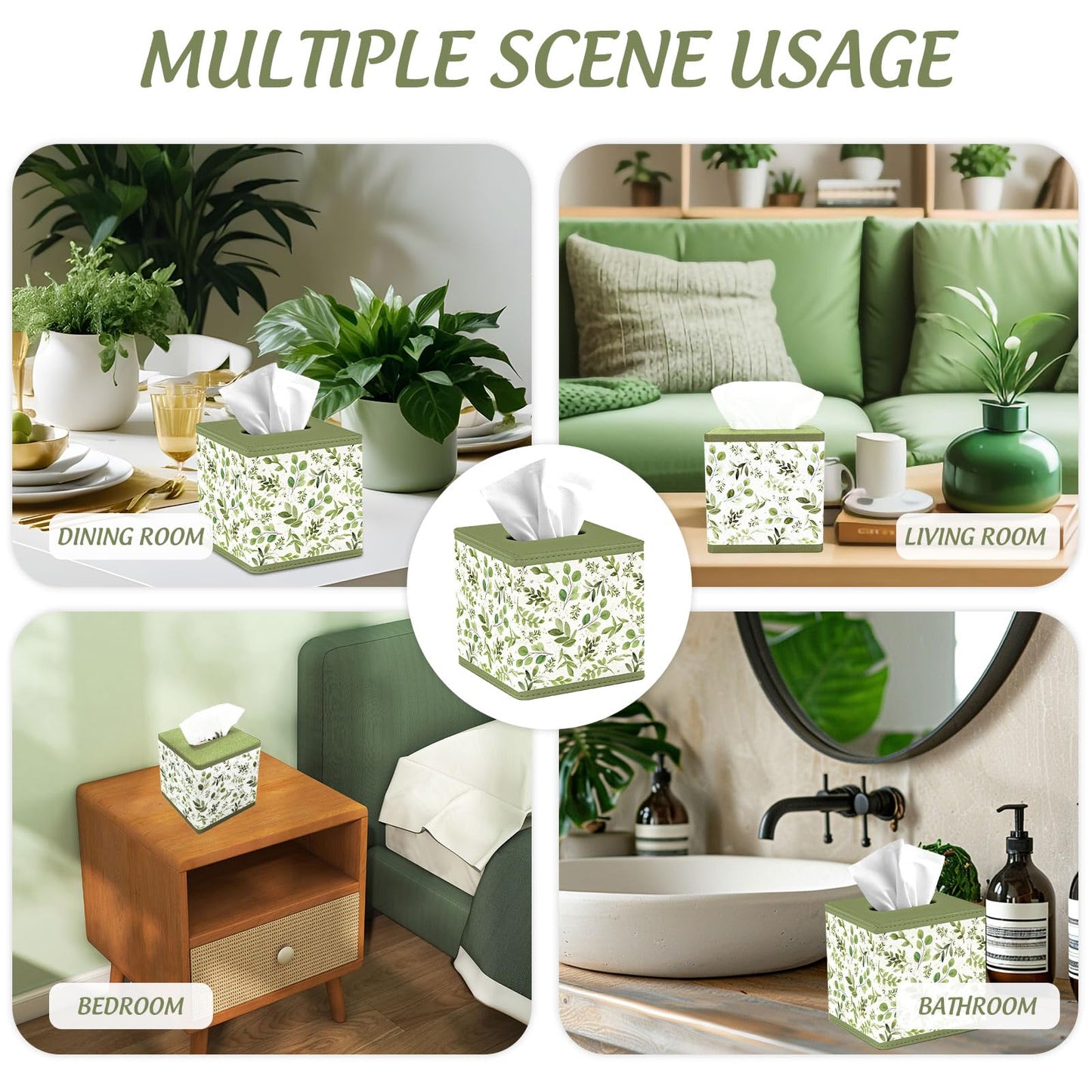 JarThenaAMCS Spring Greenery Tissue Box Cover with Magnetic Closure PU Leather Tissue Holder Green Leaves Square Napkin Box for Home Office Bedroom Countertop Decor