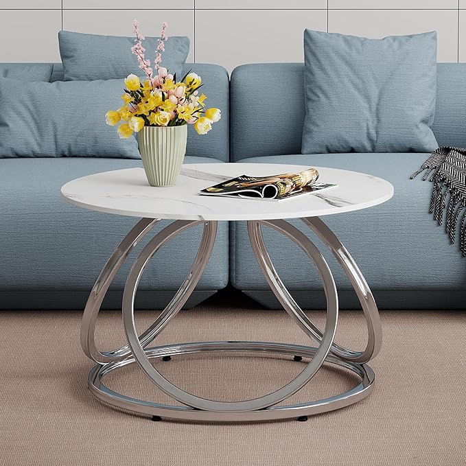 O&K FURNITURE Silver Coffee Table, Round Coffee Table Faux Marble Veins