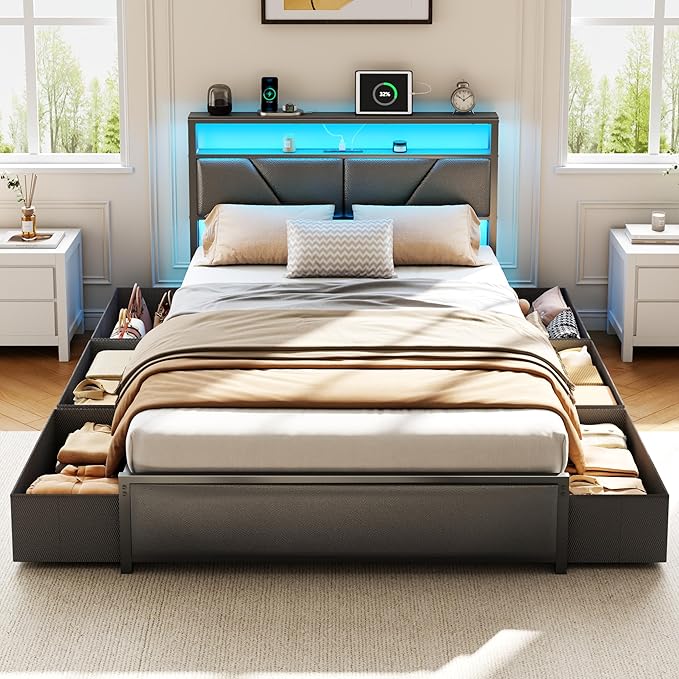 OURPIC Full Size Bed Frame, 2-Tier Storage Headboard & 6 Fabric Drawers