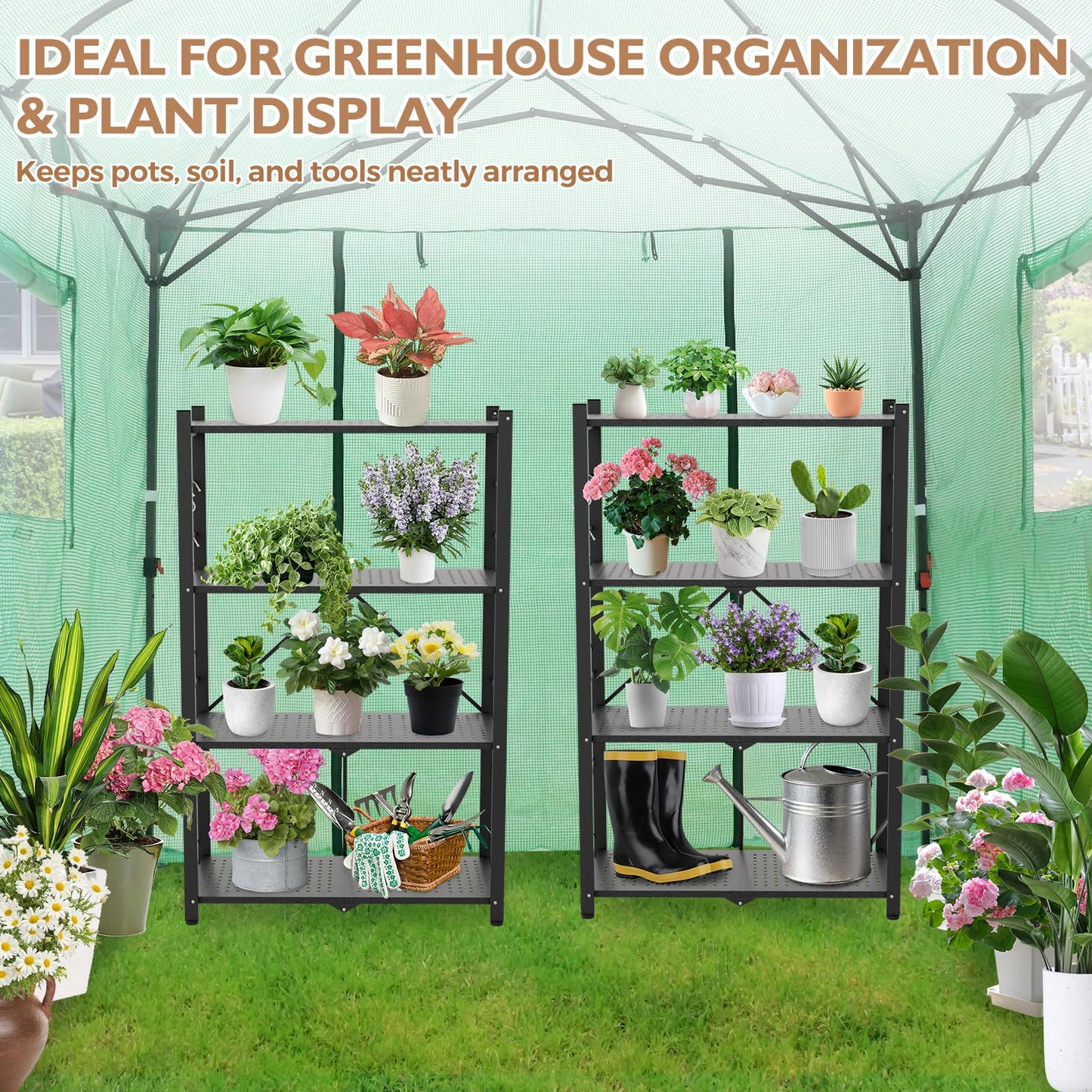 EAGLE PEAK 4-Tier Foldable Greenhouse Shelf, Heavy Duty Metal Storage Rack, No Assembly Steel Shelving Unit, Plant Stand for Greenhouse and Multi-Use Storage, 28”x14.6”x44.7”, 520 lbs, 2 Pack, Black