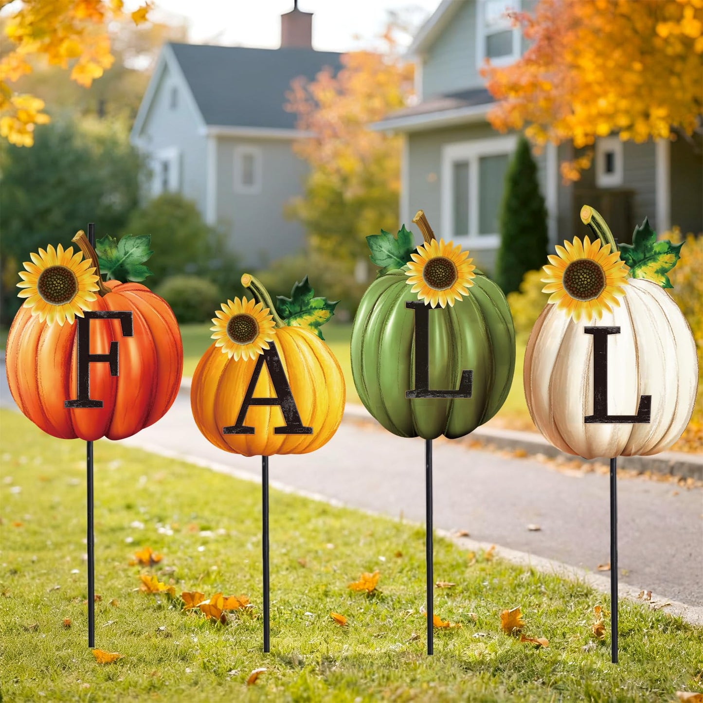 JarThenaAMCS Set of 4 Thanksgiving Pumpkin Metal Garden Stakes Fall Pumpkin Decorative Lawn Sign Seasonal Autumn Welcome Yard Sign for Harvest Home Outside Lawn Porch Decor