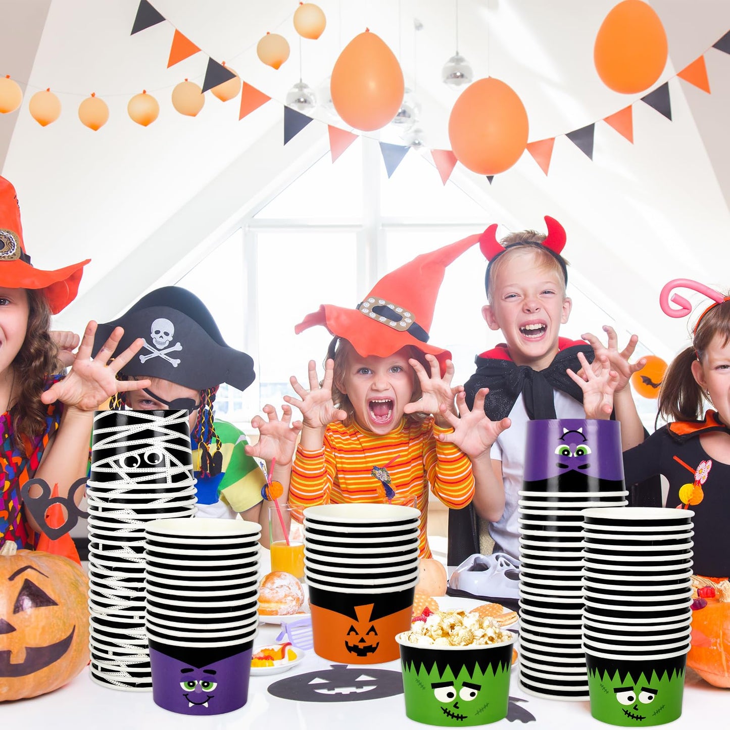 AnyDesign Halloween Treat Cups 100 Pcs 6.5 oz Disposable Paper Bowls in 4 Styles Pumpkin Mummy Vampire Monster Funny Character Soup Cups for Hot Cold Drinks Party Supplies