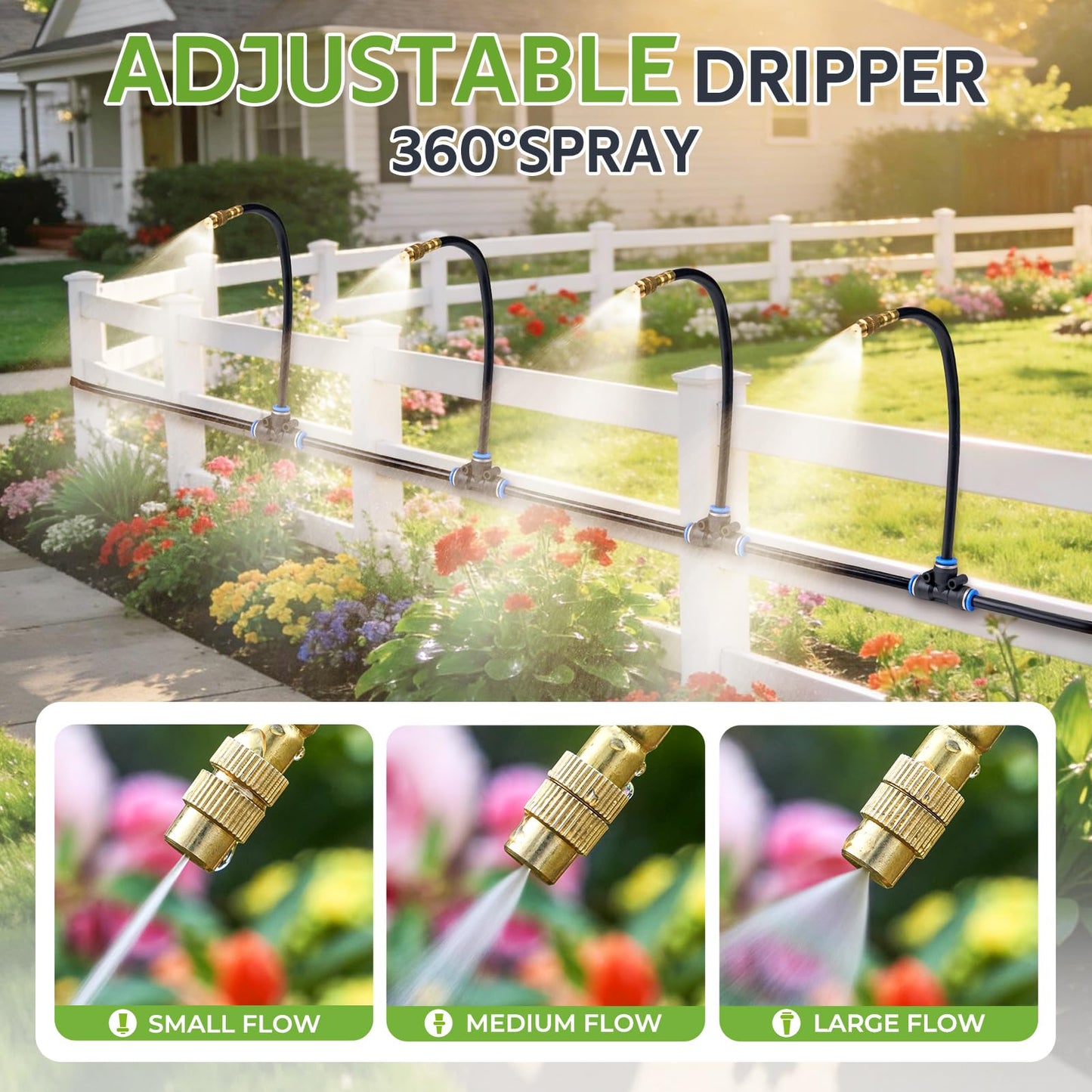 HIRALIY 360° Adjustable Drip Irrigation System 100FT with Timer, 1/4" Tubing and Adjustable Copper Nozzles, Automatic Atomizing Watering Kit for Garden, Yard, Lawn, Greenhouse & Potted Plants