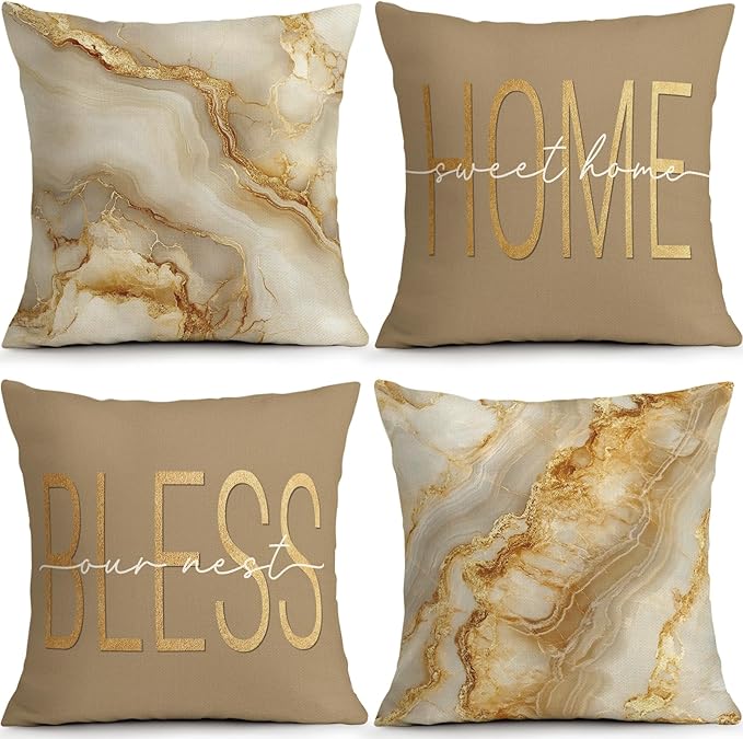 OBSEDE Inspirational Beige Marble Decorative Throw Pillow Covers 18 × 18 in