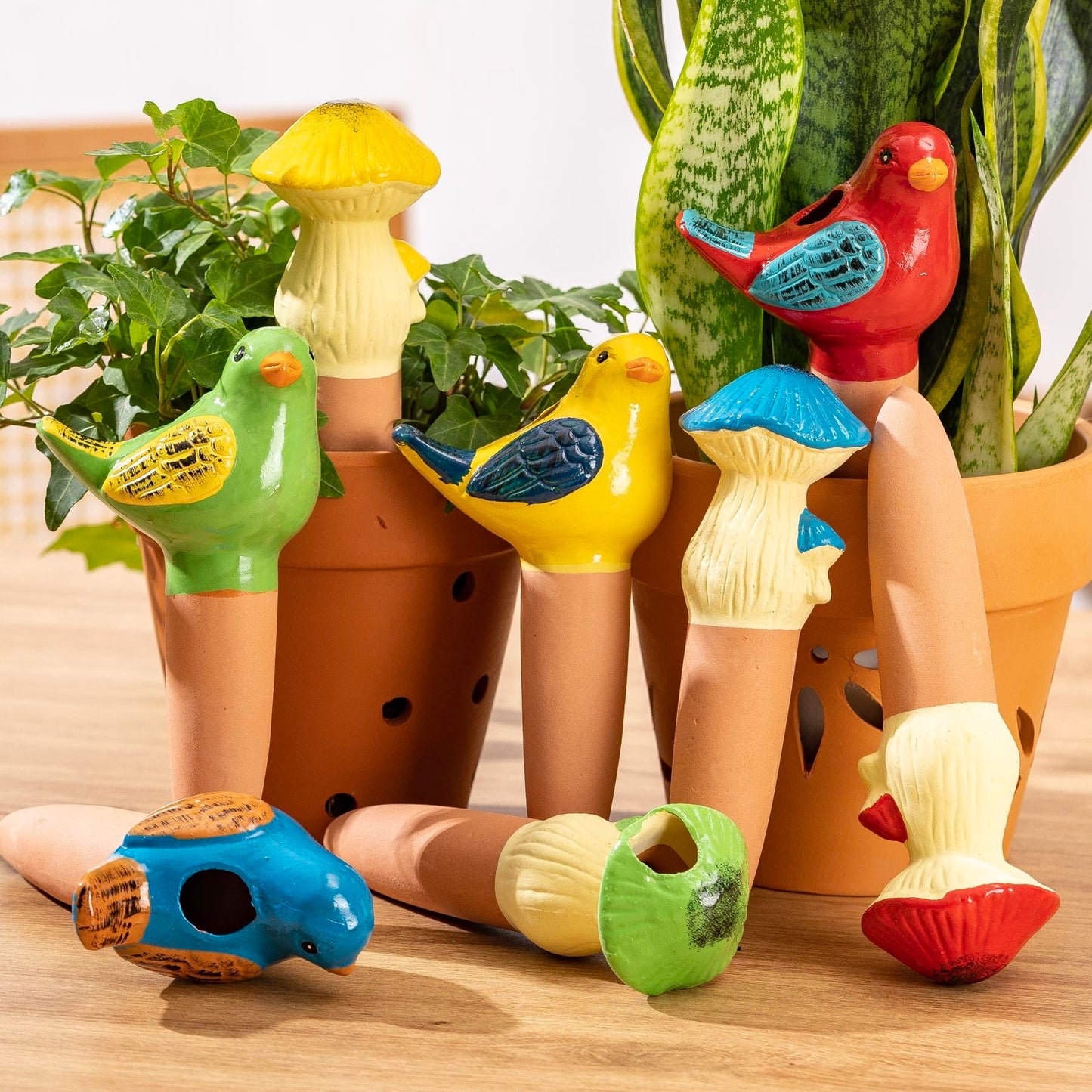 LumDecor 4 Pack Watering Globes - Terra Cotta Watering Spikes for Indoor Plants, Handcrafted Mushroom Shape Self Watering Devices with Slow Release System, Plant Water Bulbs for Vacation & Outdoor Pot
