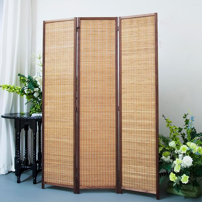3 Panel Bamboo Room Divider Screen, 5.6 FT Tall Bamboo Divider Folding Panel