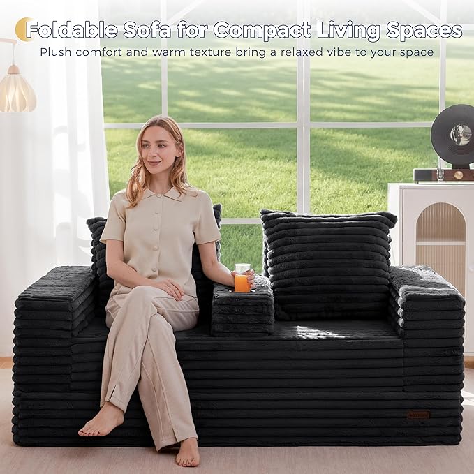 MAXYOYO Loveseat Sofa Bed, Striped Faux Fur Foldable Floor Sofa Couch in A Box