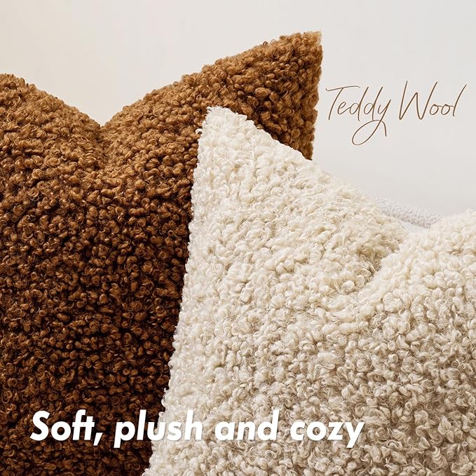 Faux Fur Throw Pillow Covers 24x24 Inch Set of 2 Boucle Neutral Decorative