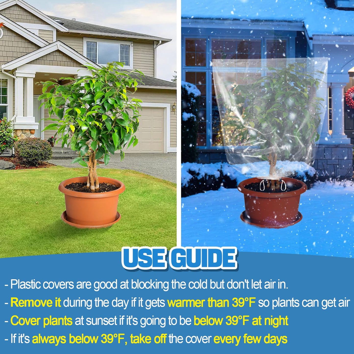6 Pcs Winter Plant Cover Freeze Protection - 39" x 39" Plastic Plant Frost Bags with Drawstring, Transparent Waterproof Plant Shelter Coverings for Outdoors Garden Plants Shrubs Sapling Bushes