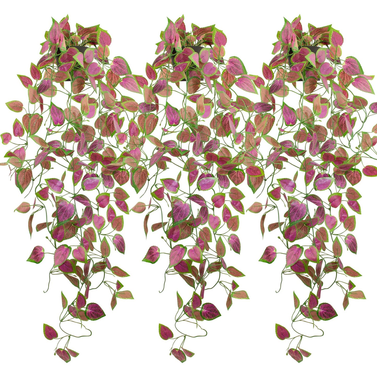 LOYWREE 3 Pack Artificial Purple Ivy Hanging Vine Plants - Small Potted Long Trailing Cascading Foliage, Gothic Home Decor for Indoor/Outdoor, Office, Garden & Shelf (Black Pot Included)