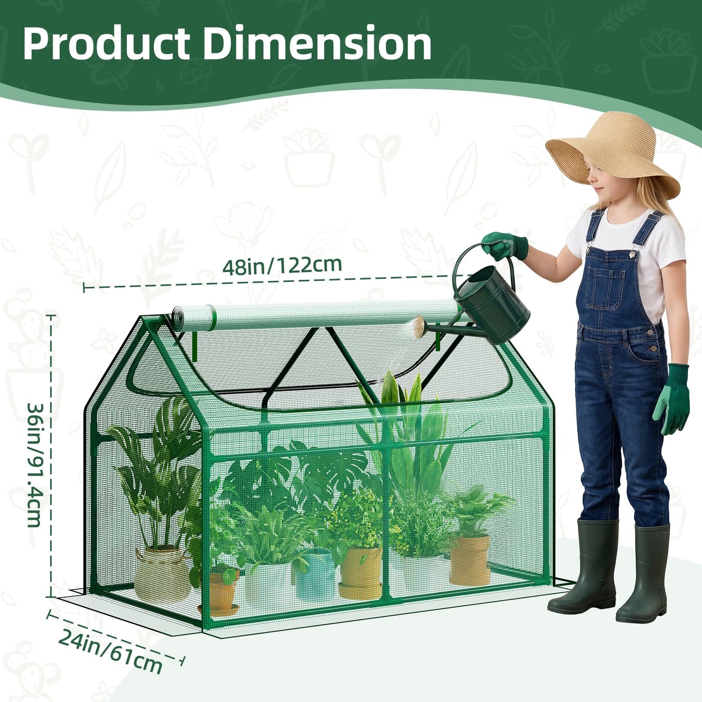 Superlele Mini Greenhouse for Outdoor, 48x24x36In Portable Greenhouse with 2 Large Zipper Doors, Reinforced Green PE Mesh Cover for Plant Protection and Spring Gardening, Steady Steel Frame
