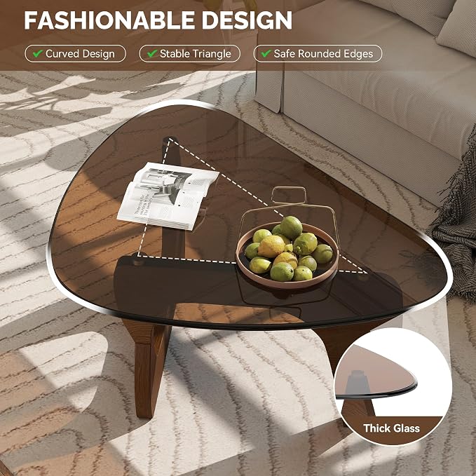 Modern Glass Coffee Table, Triangle Center Table with Tempered Glass Top& Unique Wooden Base, 31.5” Mid Century Tea Tables for Living Room, Apartment, Office,Walnut & Brown