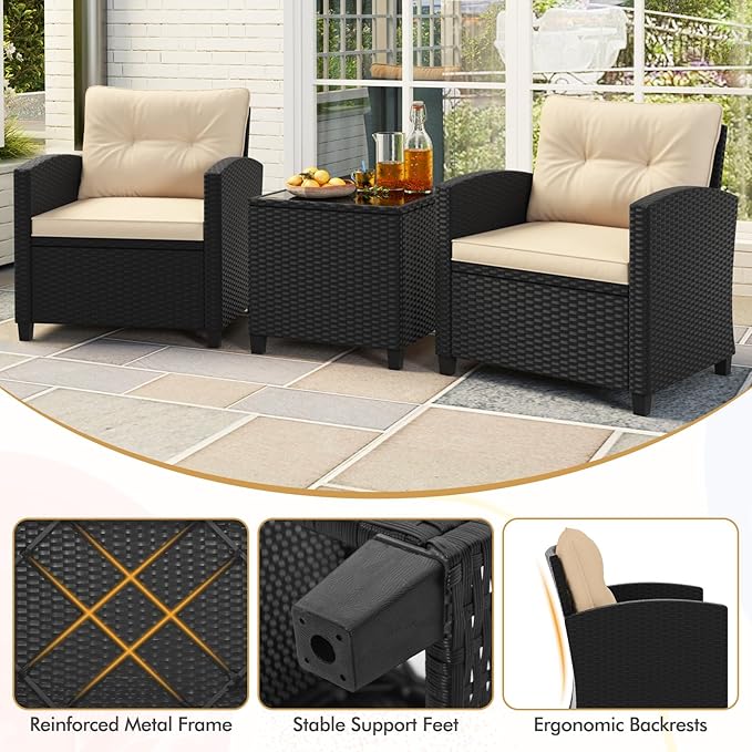 HAPPYGRILL 3 Pieces Wicker Patio Conversation Set, PE Rattan Bistro Sofa Set