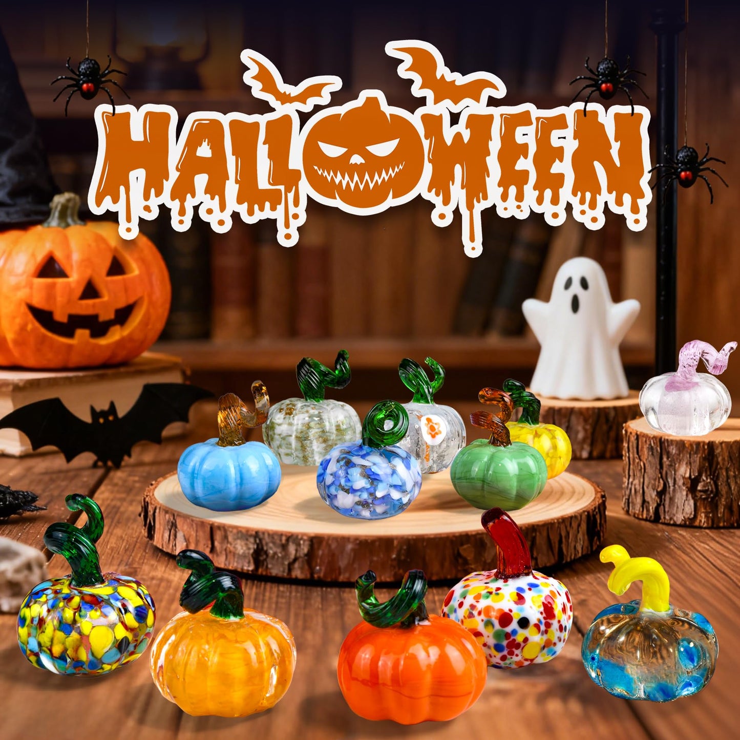 AOFEGRLT 12PCS Glass Pumpkins Figurines for Halloween Thanksgiving Fall Harvest Christmas Decoration, Small Crystal Glass Art Pumpkin Paperweight Gifts