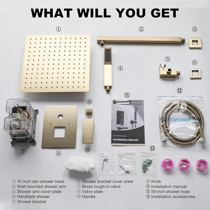 Brushed Gold Shower System with 10-Inch Rain Showerhead and Handheld