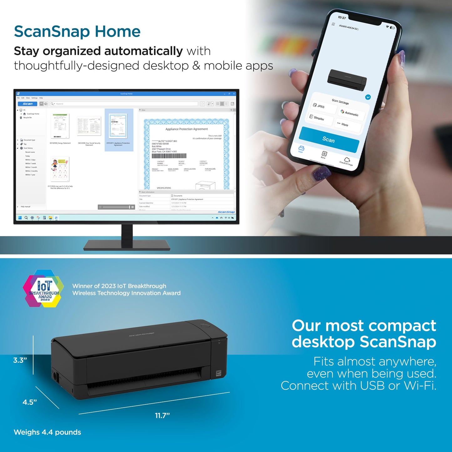 ScanSnap iX1300 Compact Wireless or USB Double-Sided Color Document, Photo & Receipt Scanner with Auto Document Feeder and Manual Feeder for Mac or PC, Black