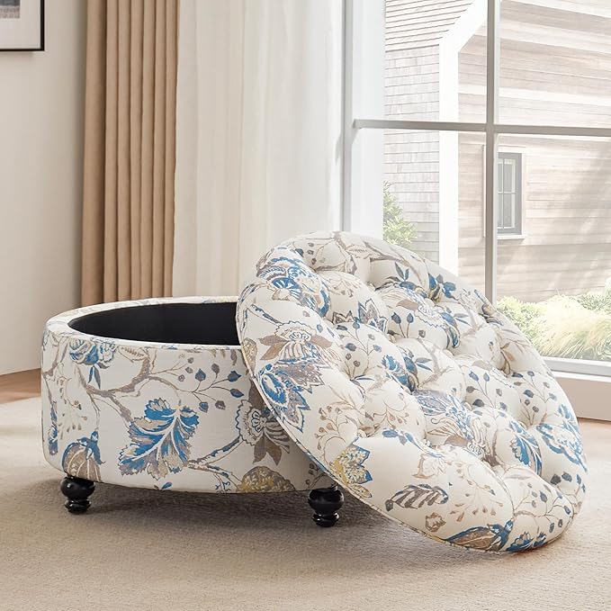 HUIMO 30-Inch Round Storage Ottoman, Modern Button Tufted Coffee Table