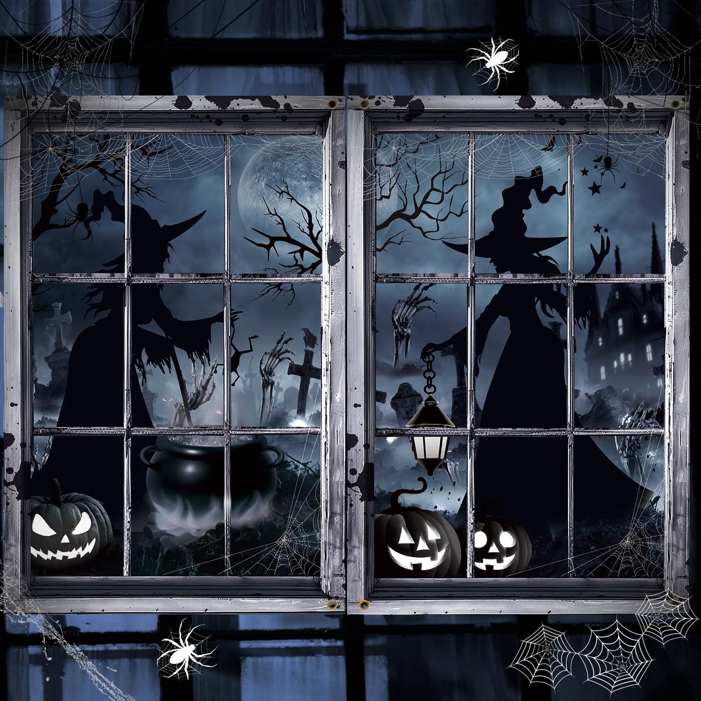 Preboun 2 Pcs Halloween Witch Window Clings Decoration Scary Halloween Window Silhouette Cover Curtain Poster for Wall Garage Door Home Indoor Outdoor Party Favors