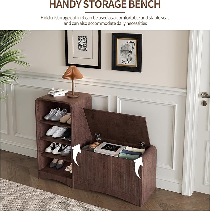 Shoe Cabinet with Bench, L-Shaped Shoe Storage Cabinet, Wood Tall Shoe Rack
