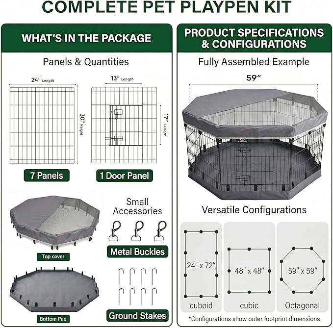 PJYuCien Dog Playpen with Top Cover and Bottom Pad - Metal Foldable Exercise Pen, 8 Panels 30" H x 24" W Indoor Outdoor Pet Fence Puppy Crate Kennel, Gray
