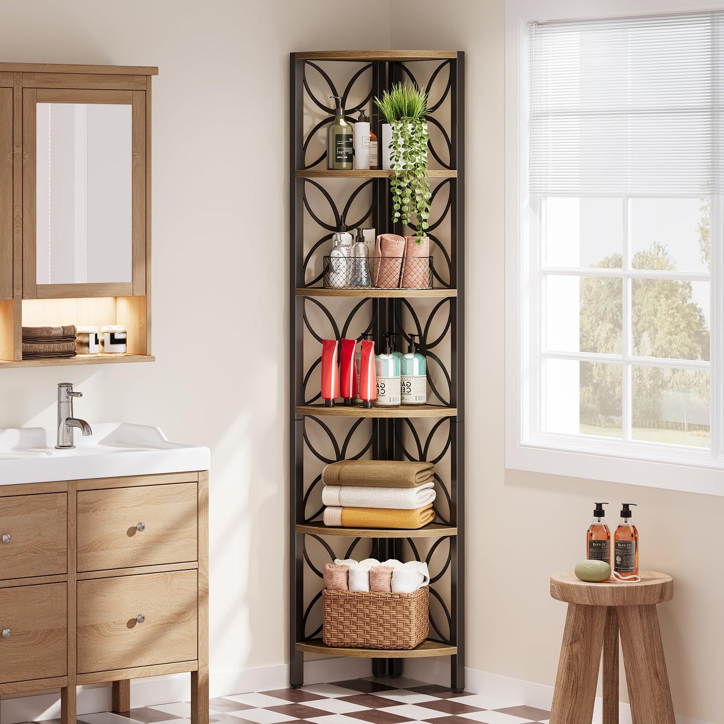 Tribesigns 6-Tier Corner Shelf, Industrial 70.9" Rustic Corner Bookshelf Display Shelf for Living Room, Wooden Shelving Unit Plant Stand Storage Rack for Bedroom, Kitchen, Small Place, Rsutic Brown