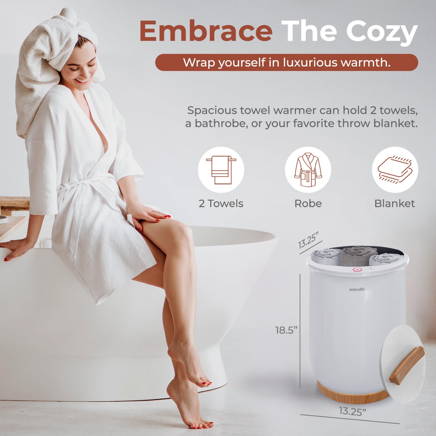 SereneLife Towel Warmer, 20L Capacity Hot Towel and Blanket Warmer with Digital Display, Adjustable Heating Time (20-90 min), Holds 2 Large Towels, Fragrant Disc Holder, 13” x 13” x 19” - inches