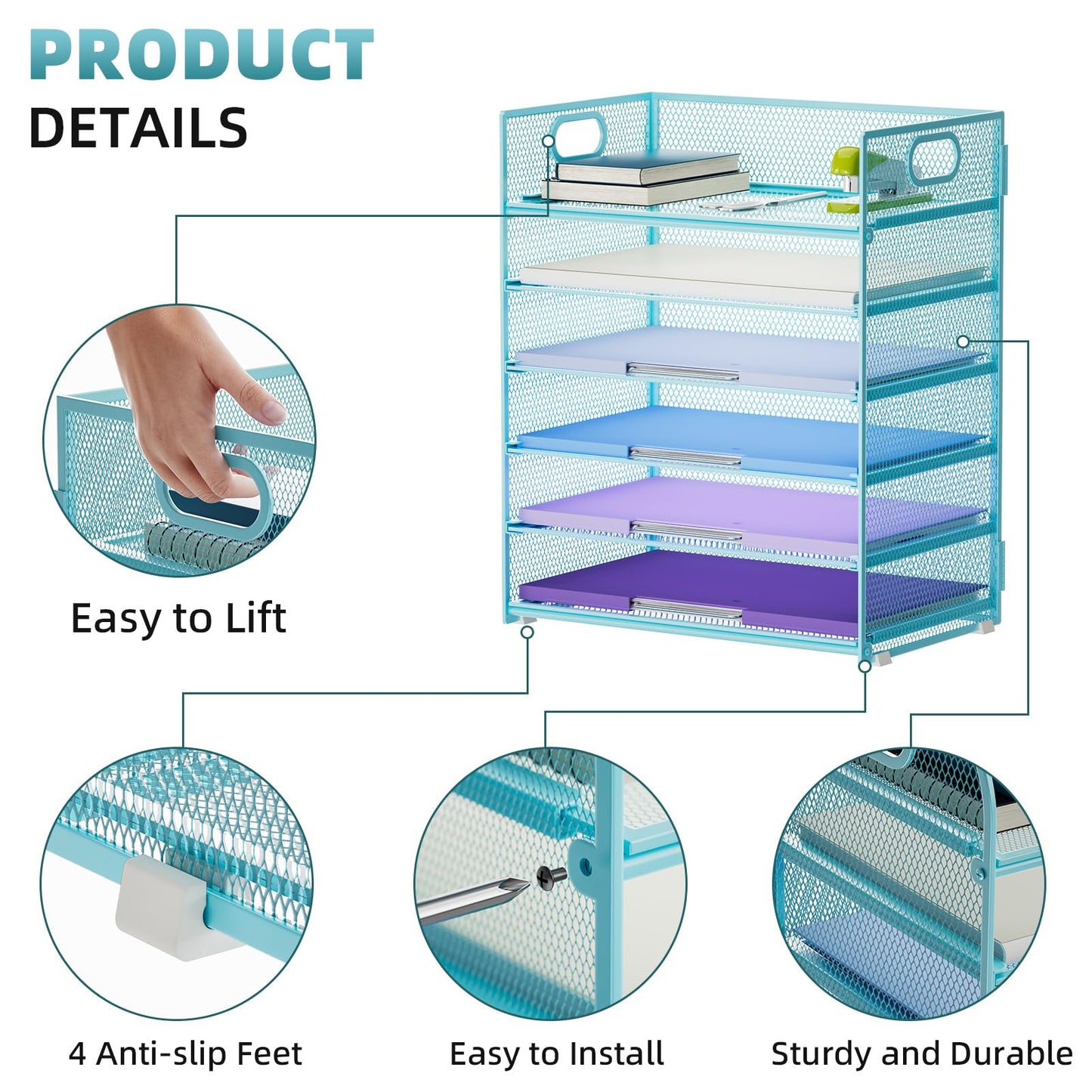 Marbrasse 6 Tier Paper Organizer Letter Tray - Mesh Desk File Organizer with Handle, Paper Sorter for Letter/A4 Office File Folder Holder -Blue