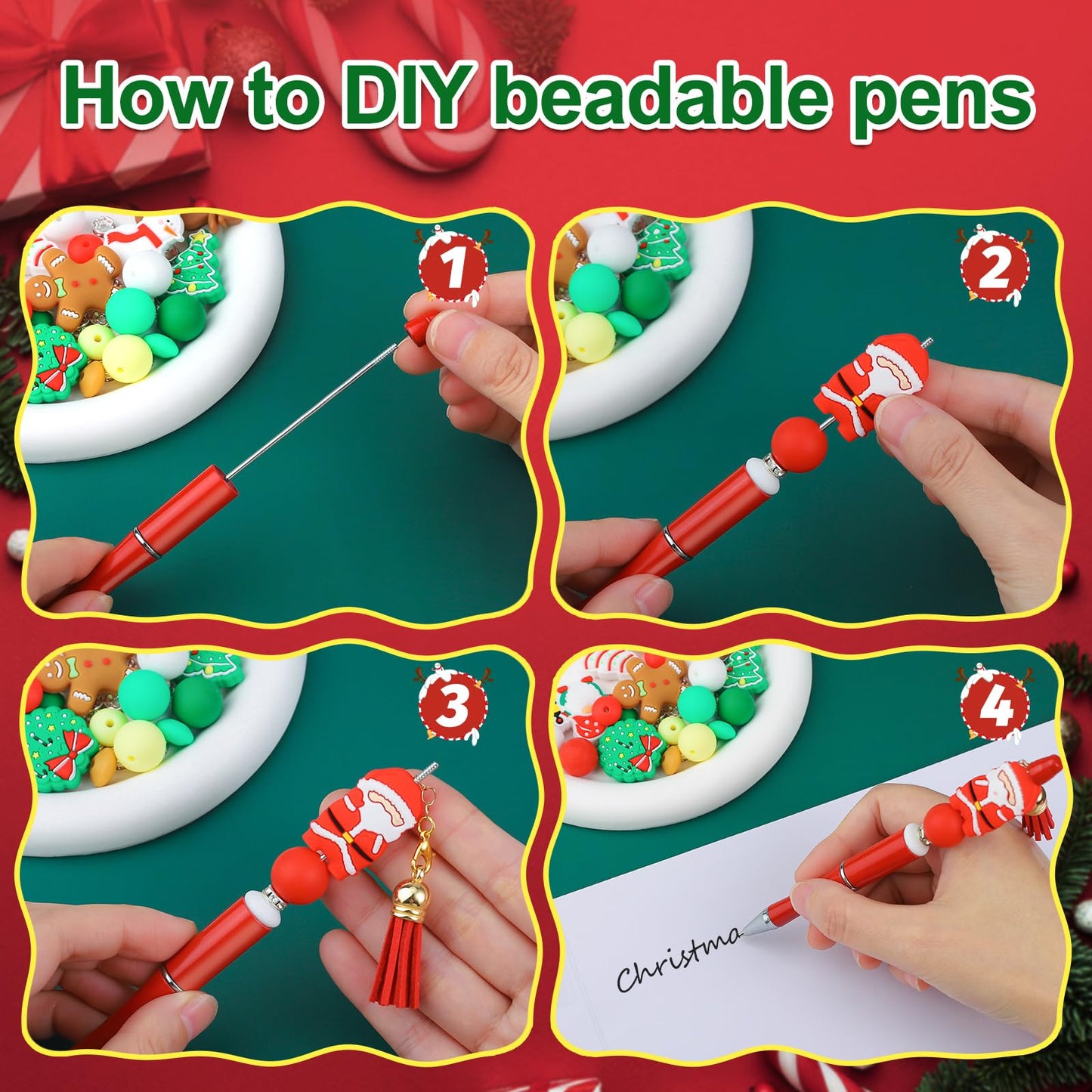 CZWZ 8 Pcs Christmas Beadable Pens, Plastic Beadable Pens with Multicolor Silicone Beads, Christmas Snowman Pine Tree Floral Hoop Deer Pens for Christmas Office School Supplies