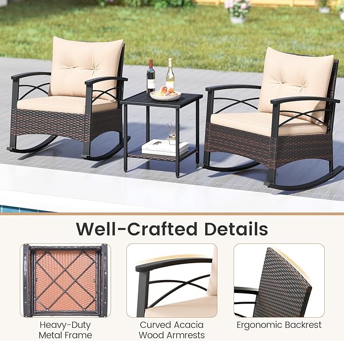 Tangkula 3 Pieces Outdoor Rocking Chairs Set, Rattan Heavy Duty Cushioned
