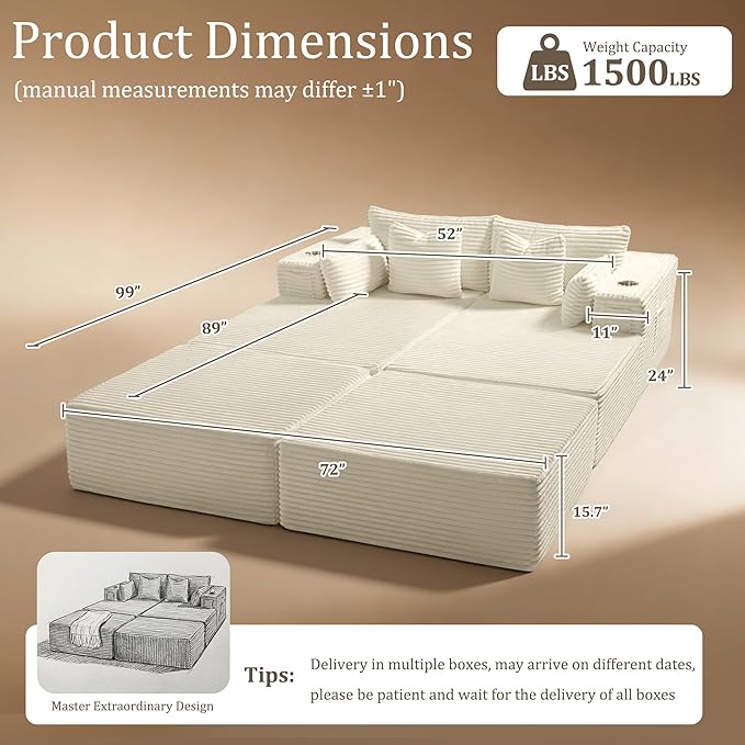 72" Cloud Sectional Couch, Comfort Sleep Sofa