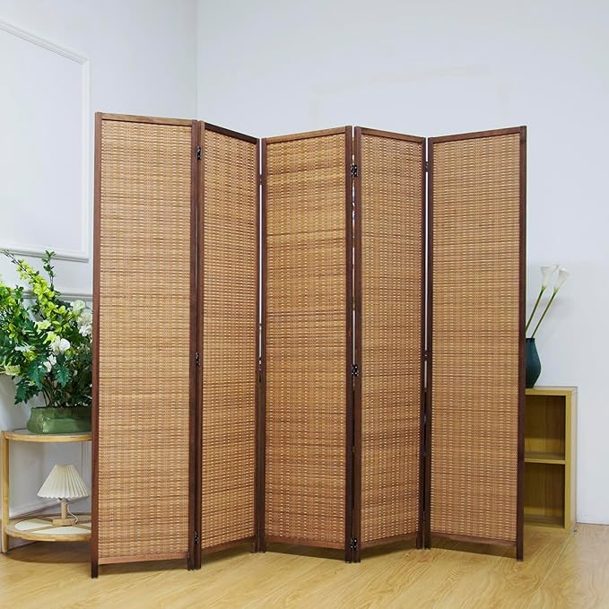 5 Panel Bamboo Room Divider Screen, 5.6 FT Tall Bamboo Divider Folding Privacy