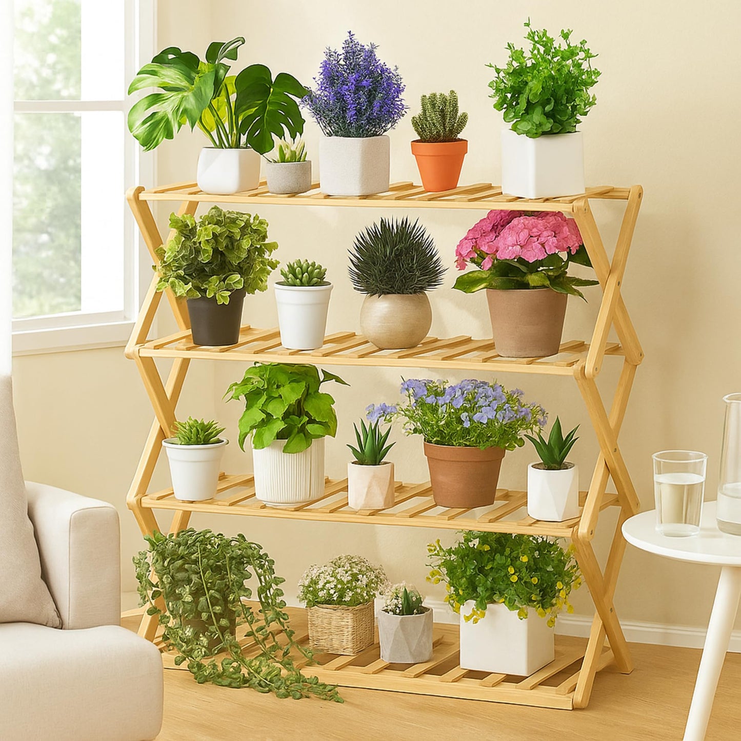 Leinuosen 4 Tier Wooden Plant Stand 27" x 27" x 10" Foldable Bamboo Display Rack Organizer Multiple Plant Shelf Flower Pot Holder Lightweight Portable Bamboo Shelf for Picnic Garden Patio Indoor