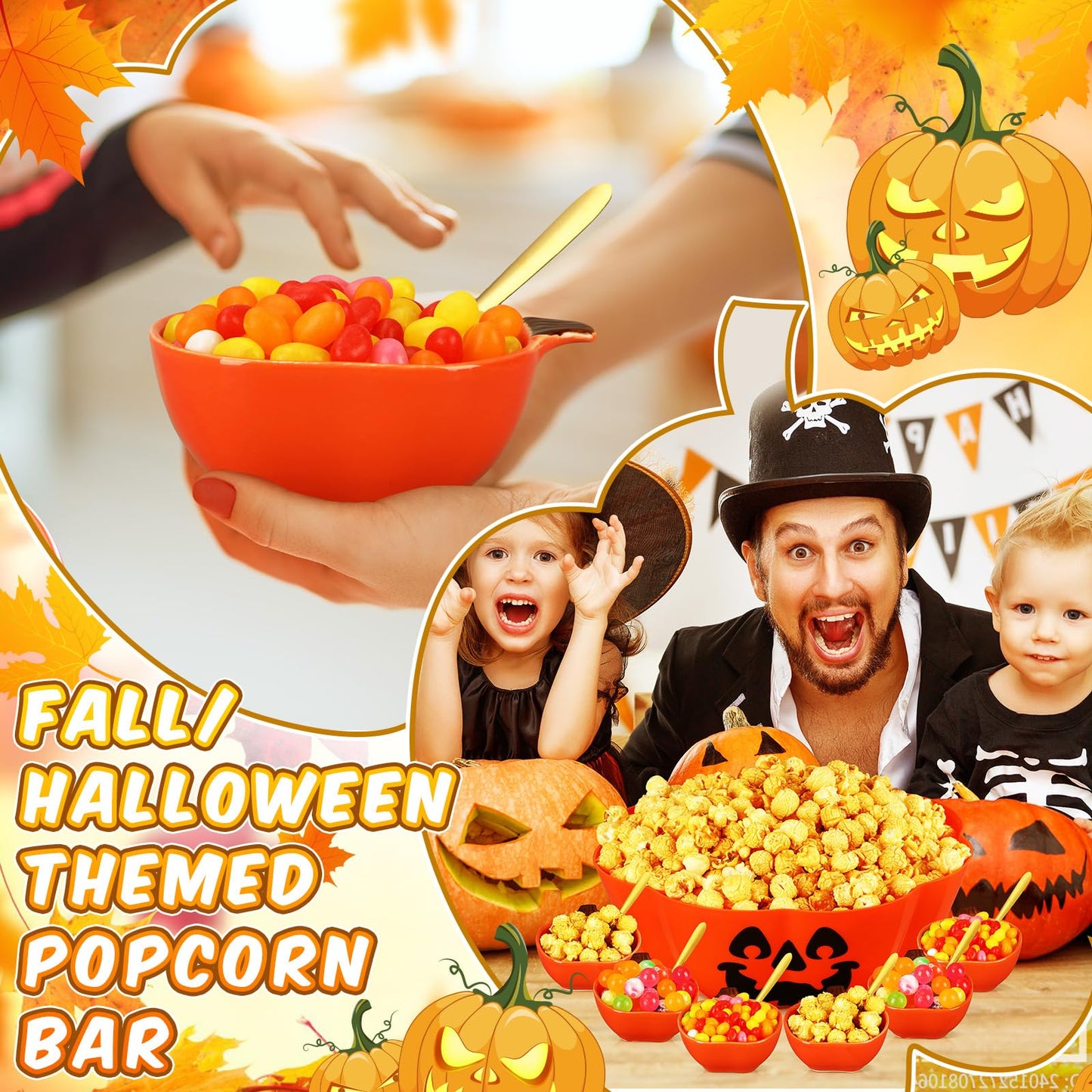 FoldTier 13 Pcs Halloween Candy Bowls Include 6 Ceramic Pumpkins Ramekins 1 Plastic Trick or Treat Bowls 6 Dessert Spoons Pumpkins Dishes Popcorn Serving Bowl for Halloween Party Supplies Popcorn Bar