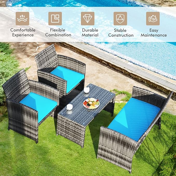 Goplus 4-Piece Rattan Patio Furniture Set, Outdoor Wicker Conversation Sofa