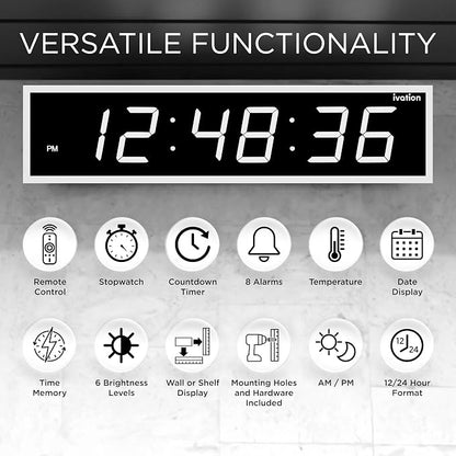 Ivation Oversized 24" Large Digital LED Clock | Big Digital Clock w/Multi-Function Display – Stopwatch, Timer, Alarms, Temp & Date | 6 Brightness Levels, Time Memory & Remote (White)