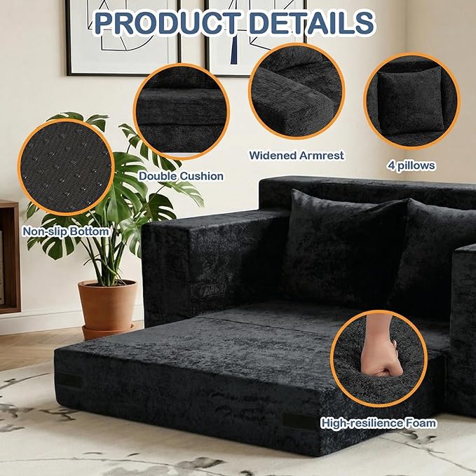 Boneless Loveseat Sleeper Sofa Bed, 3-in-1 Convertible Sofa Bed and Floor Futon