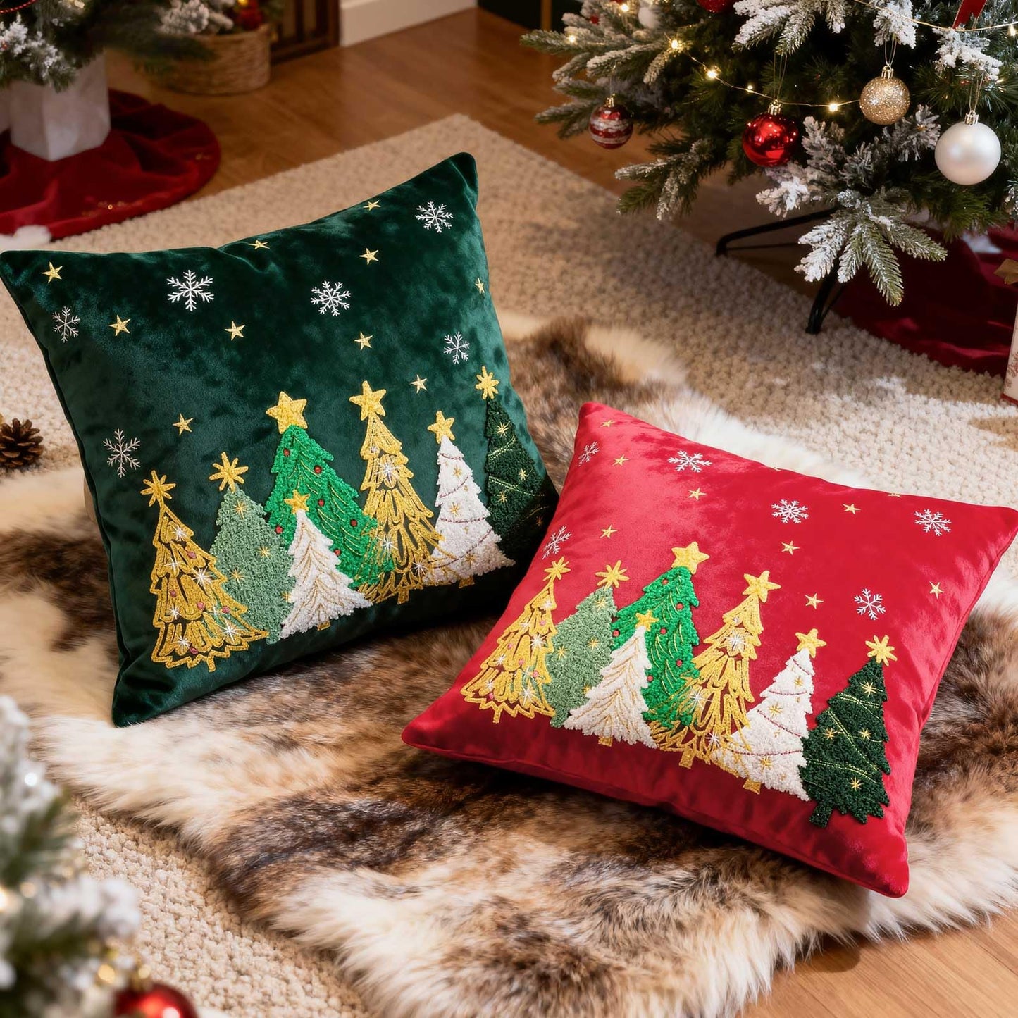 Lanpn 18x18 Christmas Pillow Covers Set of 2, Embroidery Cute Christmas Tree Decorative Holiday Pillowcase Pillow Case Cushion 18 x 18 for Indoor Home Bedroom Sofa Couch Xmas Decor