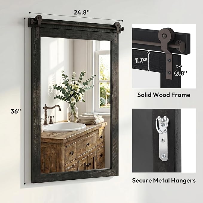 24"x36" Black Barn Door Wall Mirror, Solid Wood Framed Rustic Accent Mirror