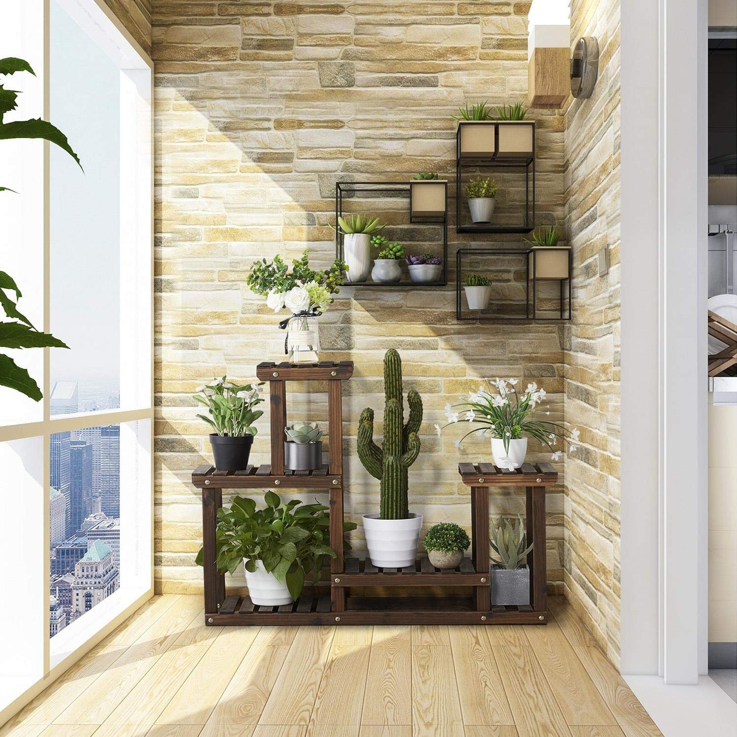 Yaheetech Plant Stands for Multiple Plants Wooden Plant Shelf Indoor Outdoor Flower Display Rack Shelf Plant Holder Multi Layer Unit for Garden/Balcony/Patio/Living Room 4 Tier 8 Pots 2PCS