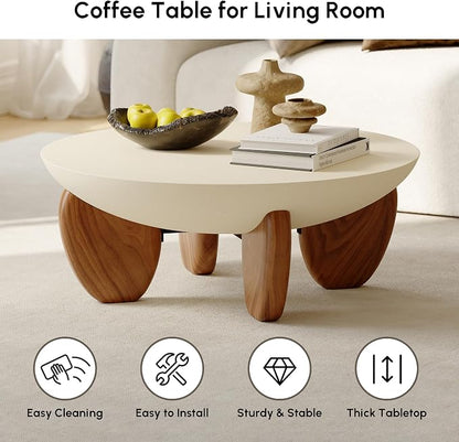 homary 30" Round Coffee Table, Modern Concrete Center Table with Walnut Ash Wood Legs, Minimalist Cement Finish for Living Room