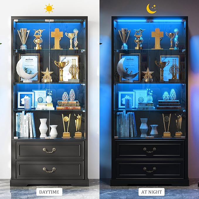 FREDEES Display Cabinet with Glass Doors, Tall Bookcase with 3 Color Lights and