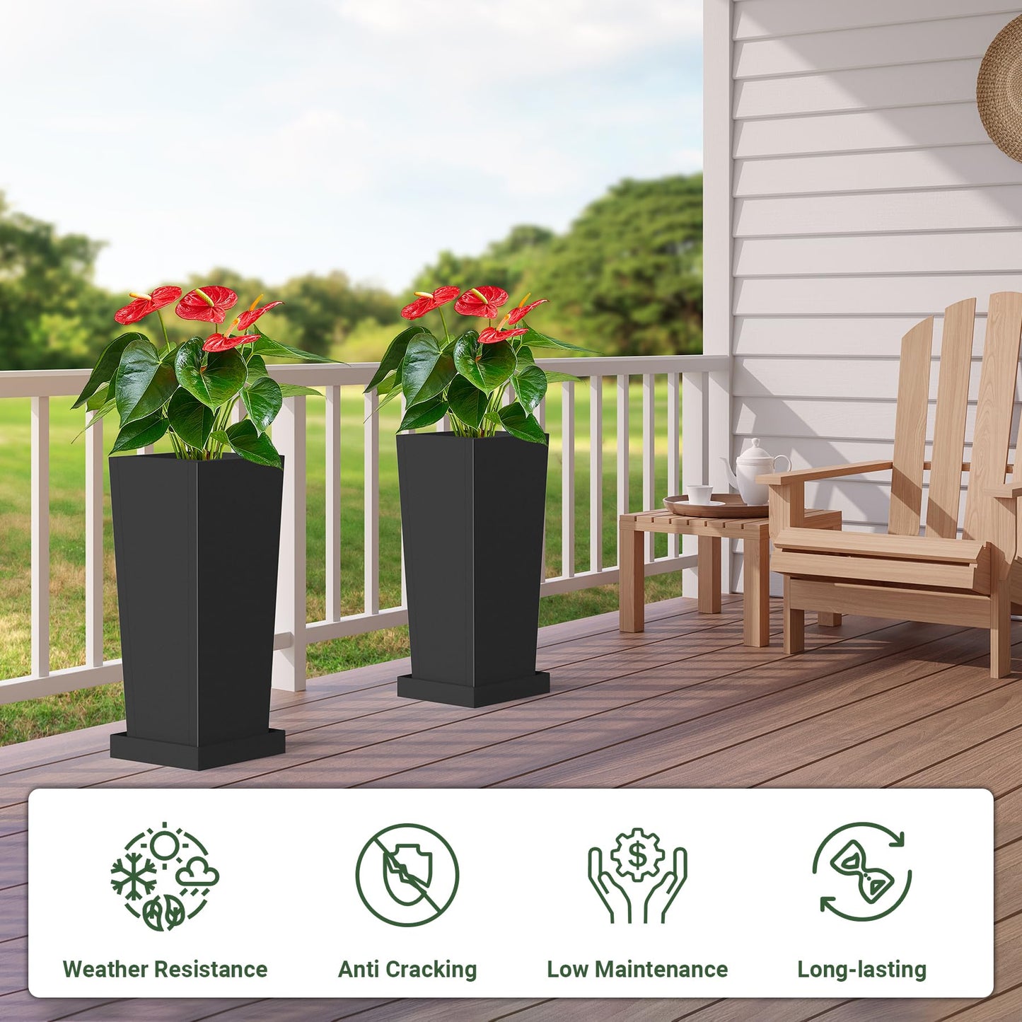Toriexon Metal Tall Outdoor Planters Set of 2, 24 inch Durable Tall Planters with Rust-Proof Coating & Drainage Insert Shelve & Trays, Black Outdoor Planters for Porch, Garden, Patio, Yard