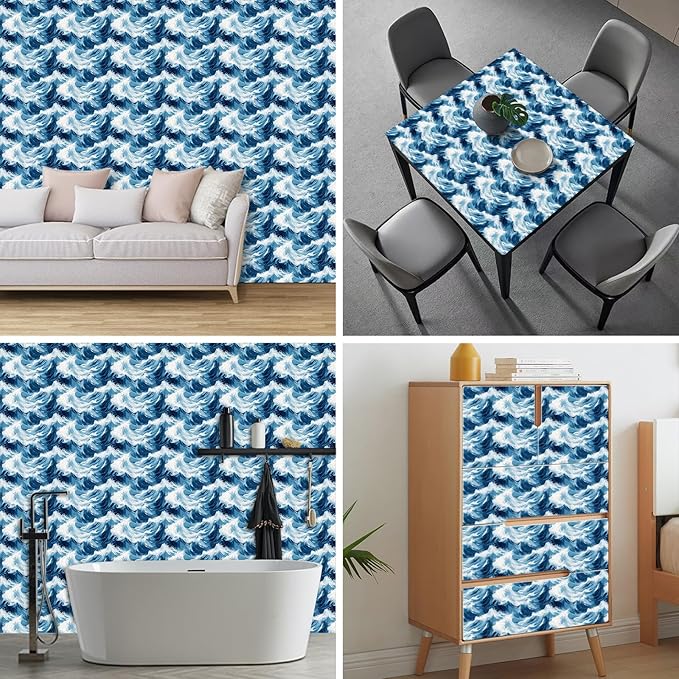 HOMETITUTE Blue Wave Pattern Wallpaper Peel and Stick Self Adhesive Vinyl Wall