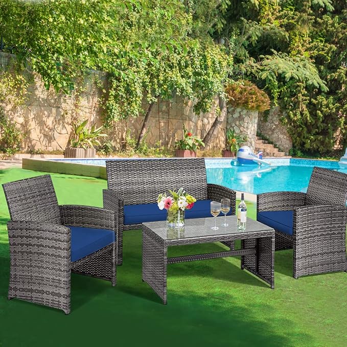 Tangkula 4 PCS Wicker Patio Conversation Set, Outdoor Rattan Sofas