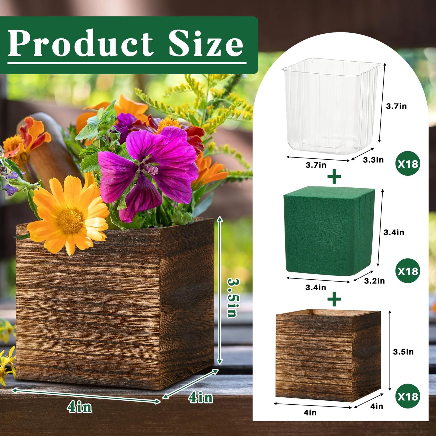Dandat 18 Set Wood Cube Planter Box Square Wood Vase Rustic Cube Planter Box with Removable Plastic Liner Floral Foam Blocks for Centerpieces Home Wedding Garden Decor, Country Style (Brown)