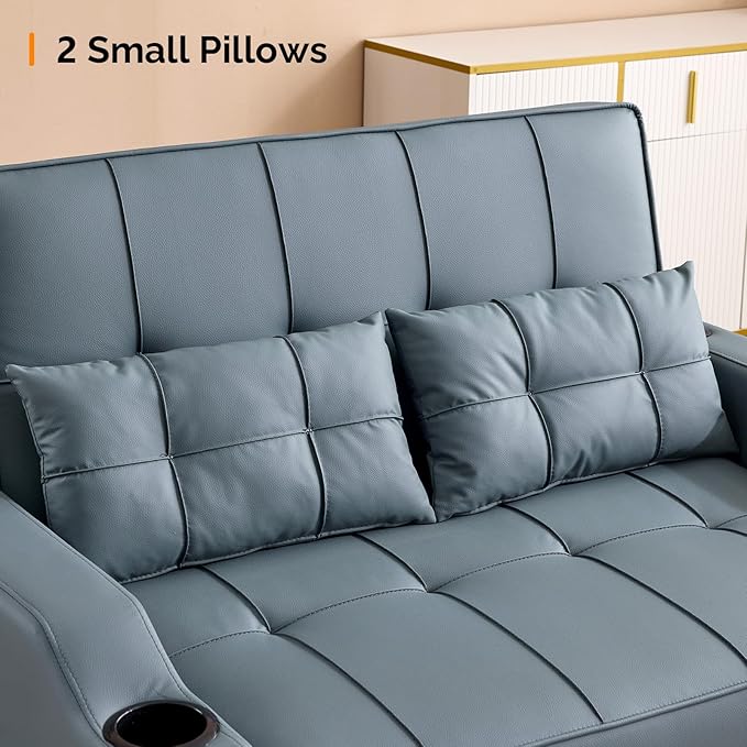VINGLI Blue Grey Futon Sofa Bed Convertible Loveseat Sleeper Couch, Faux