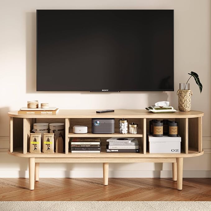 LINSY Home TV Stand for 65" TV, Mid-Century Modern 58" Entertainment Center