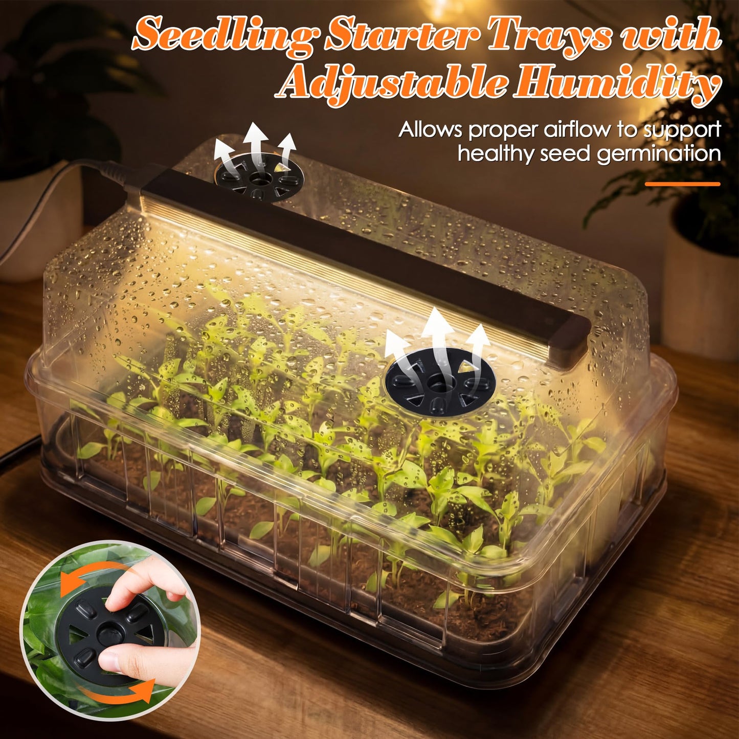 Saillong Seed Starter Tray with Grow Lights, Seedling Heating Tray with 15'' x 8.2'' Adjustable Height Humidity Domes, Plant Germination Propagation Kit for Planting Seeds, Mini Greenhouse Indoor